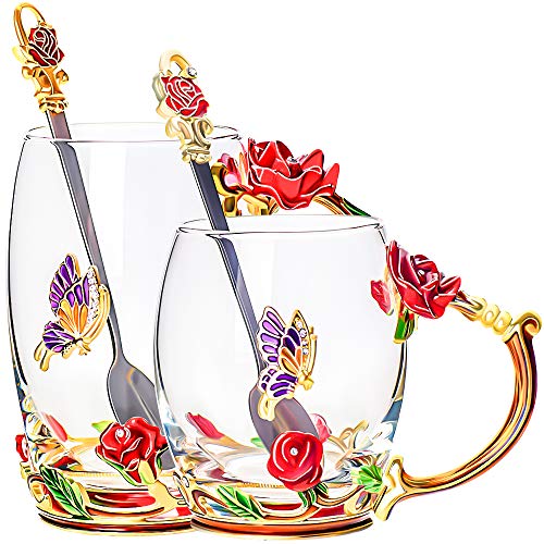 Glass Tea Cups With Spoon Set of 2, Glass Coffee Unique Handmade Mugs Gift For Women
