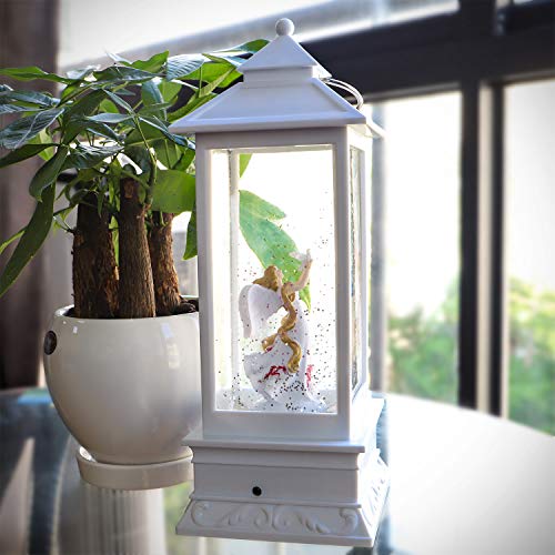 QTKJ USB and Battery Operated Cute Angel Night Lamp Spinning Water Lantern Snow Globe Lantern for Desk, Room Decoration Gifts (White)