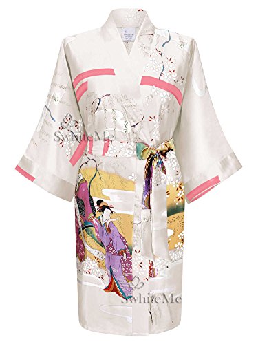 Swhiteme Women's Kimono Robe, Short, One Size, Geisha, White