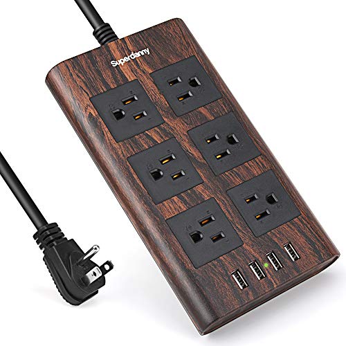 SUPERDANNY 6 AC Outlets 4 USB Ports Power Strip, 900J Desktop Surge Protector, 10ft Extension Cord with Flat Plug and Switch, iPhone and iPad Compatible, Travel, Home, Office, Wood Grain