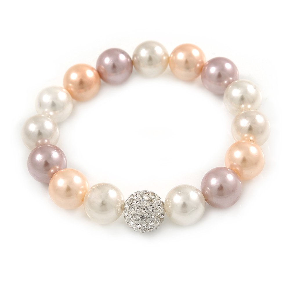 Avalaya 12mm Pastel Shades Polished Glass Bead with Clear Crystal Ball Flex Bracelet - 17cm L
