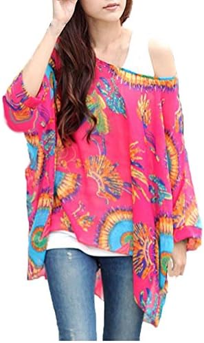 DearQ Boho Floral Chiffon Blouse Casual Plus Size Batwing Blouse Hippie Semi Sheer Loose Top