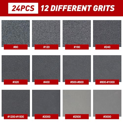 24 Pcs Sanding Sponge 80-3000 Grit Sandpaper Assortment, Washable & Reusable Sanding Blocks for Wood, Metal, Drywall, Glazing, Wet Dry Sandpaper for Smooth Finishing
