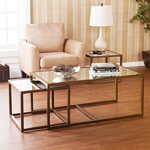 RWY Glass Coffee and End Table 3-Piece Set, Antique Bronze, Set brings sparkle and glamor to any home, Contemporary geometric frame wraps around tempered, mirrored glass, metal frame features.