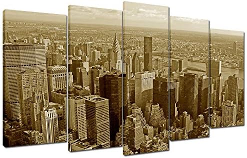 Wallfeeling Arts New York City Canvas Print Picture for Living Room Decoration Stretched XLarge 5 Panels Painting Wall Art Print on Khaki Canvas- High Definition Modern Home Decor