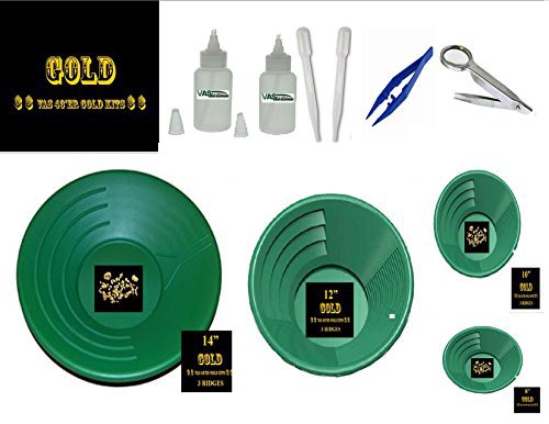 VAS 10 PC Gold PANNING KIT #48-G 4 Gold Pans, 4 Sizes Dual RIDGES & Fines & Flowers SNIFTER & TWEEZER Set