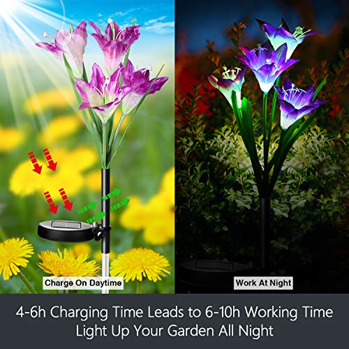 Outdoor Solar Garden Lights [3 Pack] - WdtPro Upgraded Waterproof Solar Powered Lights with 12 Lily Flower, 7 Colors Changing Solar Decorative Lights for Garden, Patio (Purple, White & Pink) - Thumbnail 4