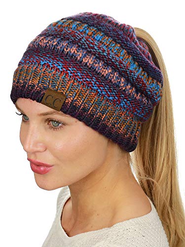 C.C BeanieTail Soft Stretch Cable Knit Messy High Bun Ponytail Beanie Hat, Mustard Tribal Blend