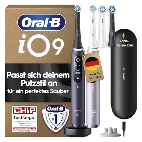 Oral-B iO9 Duo Pack Electric Toothbrushes Black/Pink, 4 Brushes, 1 Travel Case Charger, 1 Brush Holder
