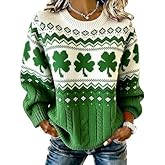 Irish Sweater Women St. Patrick's Day Knitted Shamrock Sweater Long Sleeve Crew Neck Casual Pullover Top