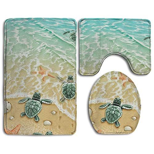 Turtles On The Beach Customized 3 Piece Bath Mat Set,Contour Bathroom Rug Set,Absorbent Bath Rugs,Non-Slip,Thick,Microfiber Bathrug,Shower Toilet Bathmats Carpet