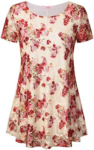 Women Round Neck Floral Blouse Top, Summer Pleated Short Sleeve A line Swing Loose Flared Lace Tunic Top Large Red #3_t04