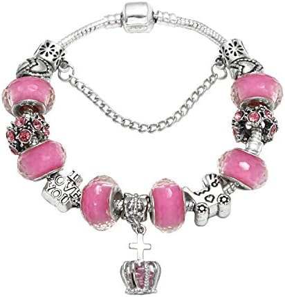 HEWIC "I Love You" Charm Bracelet Gift Silver Plated Snake Chain DIY Pink Glass Beads Heart Carved Strand Bracelet For Women Girls 7.1"