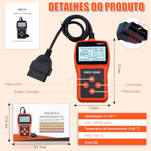 Scanner Automotivo OBD2 Portátil com Tela, Scanner Automotivo, Ferramenta de Diagnóstico de Scanner, Testador de Bateria, Leitor de Código do Veículo