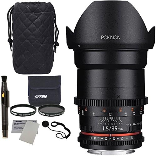 Rokinon Cine DS DS35M-C 35mm T1.5 AS IF UMC Full Frame Cine Wide Angle Lens for Canon EF, Tiffen 77mm Photo Twin Pack Polarizer And UV Protective Filter, Polaroid Lens Cap Strap and Accessory Bundle