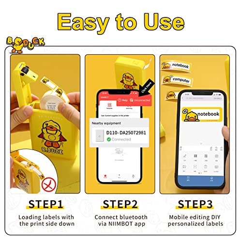 NIIMBOT & B.Duck Co-Branded D110 Thermal Label Makers with 1 Roll Cartoon Tape, Portable Cute Mini Bluetooth Sticker Printer for Home Office School Use, Mobile Phone Editable, Printable Width 0.47\'\'