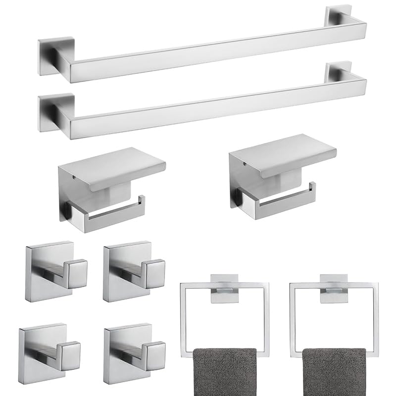 Photo 1 of 10-Piece Bathroom Hardware Kit - Brushed Finish SUS304 Stainless Steel Set, Featuring 2 x 23.6 Towel Bars, 2 Towel Rings, 2 Toilet Paper Holders & 4 Towel Hooks (Brushed Stainless) (Brushed Finish)