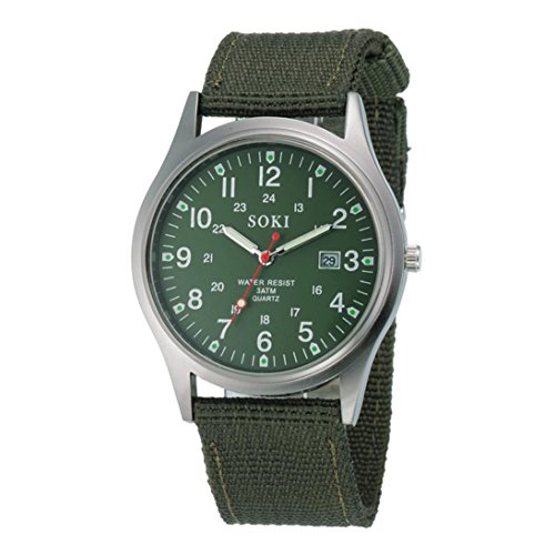 Creazy Military Army Men's Date Canvas Band Stainless Steel Sport Quartz Wrist Watch (Green)