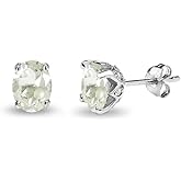 Sterling Silver Genuine or Synthetic Gemstone Oval Crown Stud Birthstone Earrings for Women