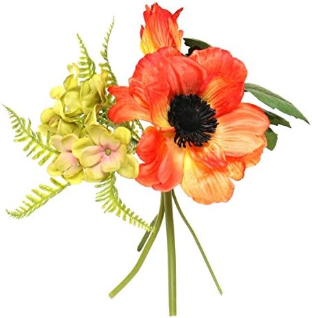 BOUQUET WRAPPED IN GREEN RAFIA INCLUDING 2 ORANGE SILK ANEMONE STEMS,1 STEM OF FAUX LEAVES, 2 STEMS OF FAUX FERN FRONDS, & 1 ORANGE SILK HYDRANGEA HEAD/STEM