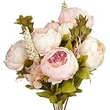 Vintage Peony Silk Flowers Bouquet, obmwang Artificial Budding Flowers Bunch for Home Office Wedding Decor (Light Pink)