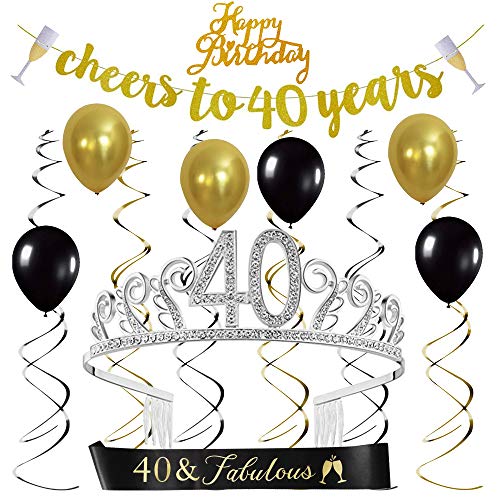 Happy-40th-Birthday-Decorations-Party-Supplies-Birthday-Gifts-for-Women-40-Birthday-Tiara-and-Sash-Happy-Birthday-Cake-Topper-Cheers-to-40-Years-Banner-40-Fabulous-Sash-Latex-Balloons-Swirls