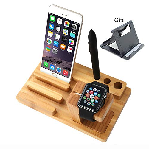 Hornorm Bamboo Docking Station Compatible with Apple Watch Stand, Apple Product, iPhone, 3 in 1 Wooden Desktop Organizer, Charging Stations for Multiple Devices, Cell Phones, Tablets, Pen
