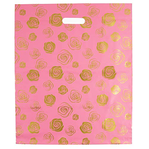 Merchandise Bags 15x18 - Gold Roses Print - 100 Pack - Glossy Retail Bags - Shopping Bags for Boutique - Boutique Bags - Plastic Shopping Bags