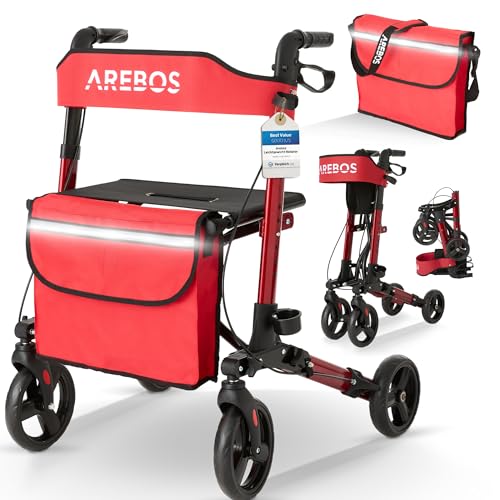 Arebos Leichtgewicht Rollator Aluminium | Reiserollator 6-fach höhenverstellbar | Faltbar | Inkl.Stockhalter und abnehmbare Einkaufstasche | Gehwagen 