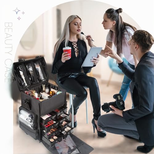 Kemier - 2 in 1 Omnidirectional Wheels Professional Soft Side Makeup Case Wheeled Makeup Case Cosmetic Organizer with Drawers,Black
