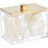 mDesign Modern Square Bathroom Vanity Countertop Storage Organizer Canister Jar for Cotton Swabs, Rounds, Balls, Makeup Sponges, Bath Salts - 2 Divided Sections - Clear/Soft Brass