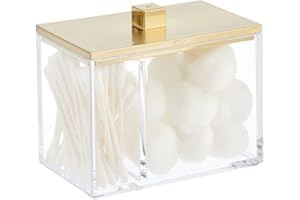 mDesign Modern Square Bathroom Vanity Countertop Storage Organizer Canister Jar for Cotton Swabs, Rounds, Balls, Makeup Sponges, Bath Salts - 2 Divided Sections - Clear/Soft Brass