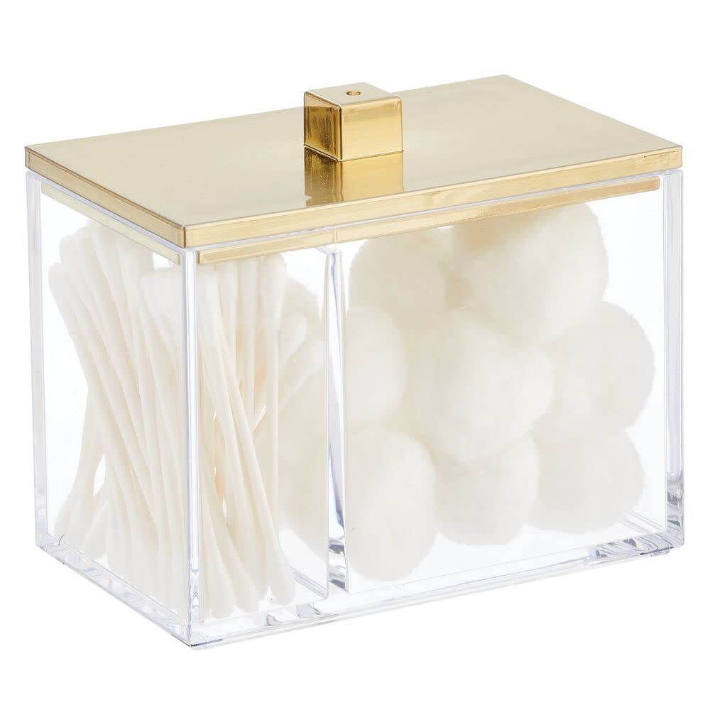Photo 1 of mDesign Modern Square Bathroom Vanity Countertop Storage Organizer Canister Jar for Cotton Swabs, Rounds, Balls, Makeup Sponges, Bath Salts - 2 Divided Sections - Clear/Soft Brass