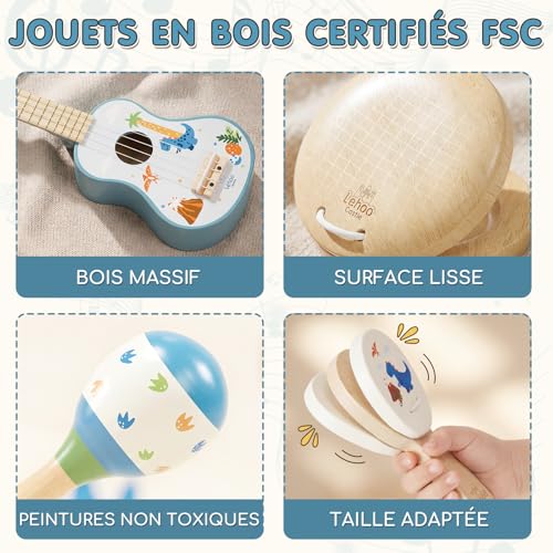 Lehoo Castle Children's Guitar 2 3 Years with Musical Instruments, Wooden Ukulele with Tambourine, Flute, Maracas and Rattle, Montessori Educational Musical Toy Games