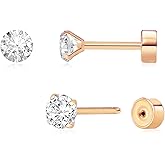 Threadless Flat Back Earrings, Hypoallergenic 14K Real Gold Plated CZ Stud Earrings | Cartilage Earring | Tragus Helix Piercing Jewelry | Push in Flatback Earrings for Women Men