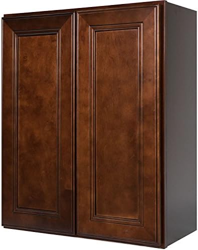 Everyday Cabinets 30 Inch Double Door Wall Cabinet in Leo Saddle (Dark Cherry Wood) with 2 Soft Close Doors &amp; 2 Adjustable Shelves 30" x 36" x 12"