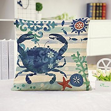 Wevda Sea Turtle Octopus Fishes Retro Cotton Linen Square Throw Pillow Case Decorative Cushion Cover Pillowcase Blue Ocean Series Sea Life 1818 - Crab