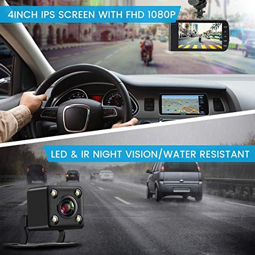 Dash Camera 1080P, EIVOTOR Car Camera DVR 4 Inch LCD Screen Full HD 140 ° Dual DashCam Front Rear Wide Angle Car Recorder with G-Sensor Night Vision Motion Detection WDR Parking Monitor Loop Recording
