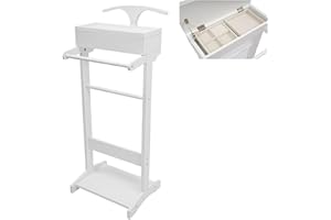 PINELICORN Wood Mens Valet Stand Clothes with Shoe Shelf, Coat Hanger and Hat Rack, Freestanding Suit Stand&Clothes Butler Valet Stand with Hanger, Mens Valet Stand with Storage Organizer (White)