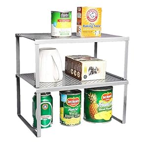 2-Pack-Kitchen-Bathroom-Cabinet-and-Counter-Shelf-Organizer-Stackable-Expandable-Storage-Rack-Sliver Kitchen Cupboard Cabinet Organizer, Stackable Expandable Insert Shelves, Counter Shelf Spice Can Rack for Bathroom…