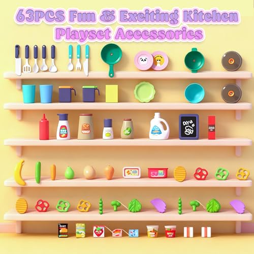 Prikpont Kids Toy Kitchen Playset, 63 Pcs Play Kitchen Set for Kids with Real Interactive Lights & Sounds, Water Sink & Accessories, Pretend Cooking Set Toy, Ideal Birthday Gift for Girls Age 3+