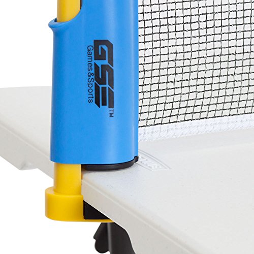 Retractable Anywhere Table Tennis Set with 2 Paddles & 3 Balls and a Mesh Storage Bag by GSE (Blue & Yellow)