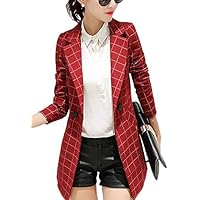 Womens Vintage Check Plaid Long Sleeve Casual Long Jacket Blazer, US 10,3XL, Red