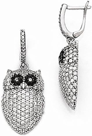Sterling Silver &amp; CZ Brilliant Embers Owl Dangle Hinged Hoop Earrings,