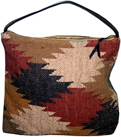 Women Wool Jute Kilim Floral Handwoven Interior Zipper Pocket Shoulder Bag Art