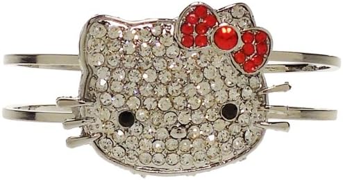 Bracelet - Rhinestone Kitty with Red Bow Cuff Style Bracelet - Kiki's Pretty Kitty