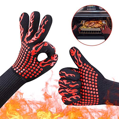 Mnyycxen Extreme Heat Resistant Gloves, BBQ Gloves, Hot Oven Mitts, Charcoal Grill, Smoking, Barbecue Gloves for Grilling Meat Gloves, Insulated, Silicone Non-Slip Grips, Fits Any Hand (G)