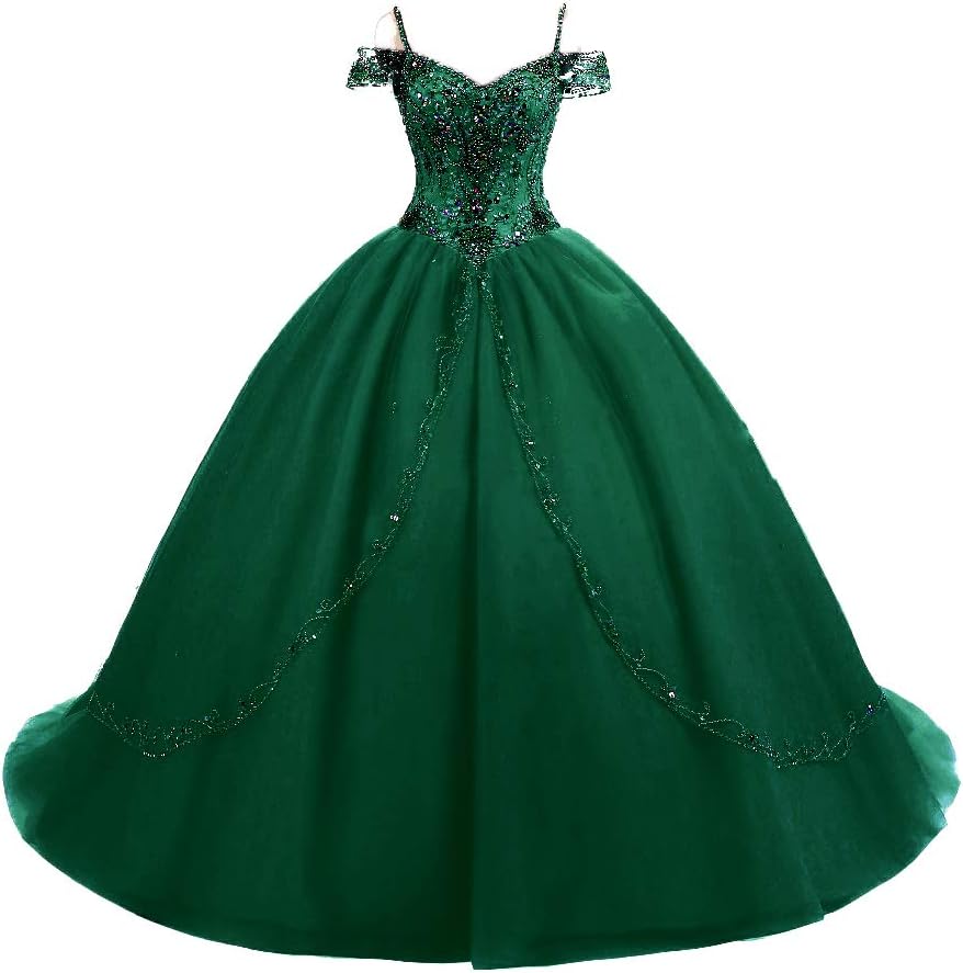 DKBridal Women's Cap Sleeves Crystals Ball Gowns Tulle Long Quinceanera Dresses