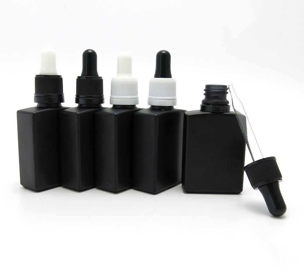 Starrytech 30ml Frost Black Square UV Resistant E-liquid Glass Bottles With Aluminum Dropper 1oz Glass Dropper Container for Essential Oil and Aromatherapy(Set of 5)