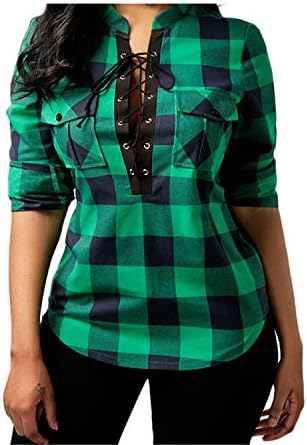 Women Plaid Shirts 2018 Spring Long Sleeve Blouses Shirt Office Lady Cotton Lace up Shirt Tunic Casual Tops Plus Size Green L